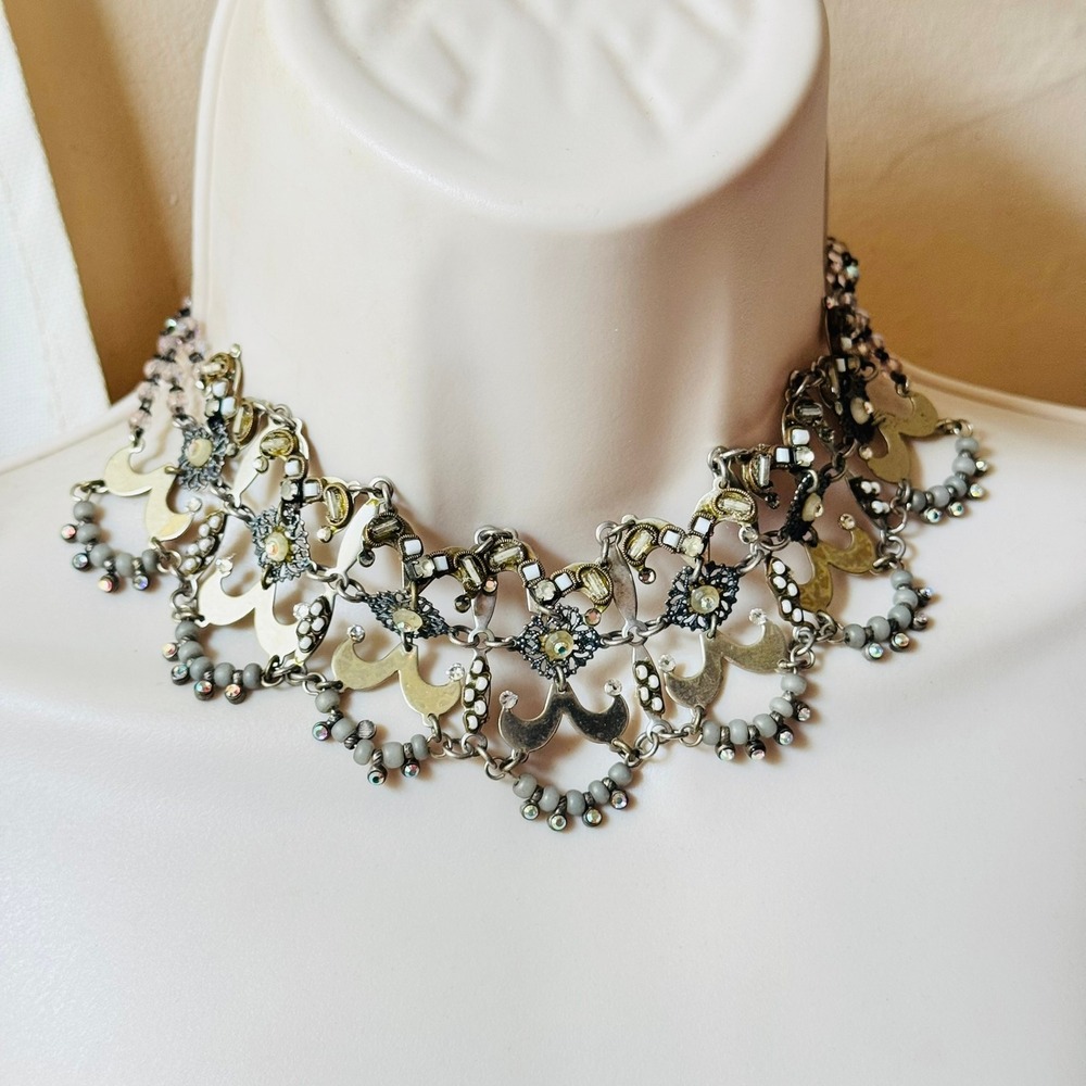 Ayala Bar AB BOHO Choker Necklace Glass Beaded Designer Silver Crystal Glass 16"